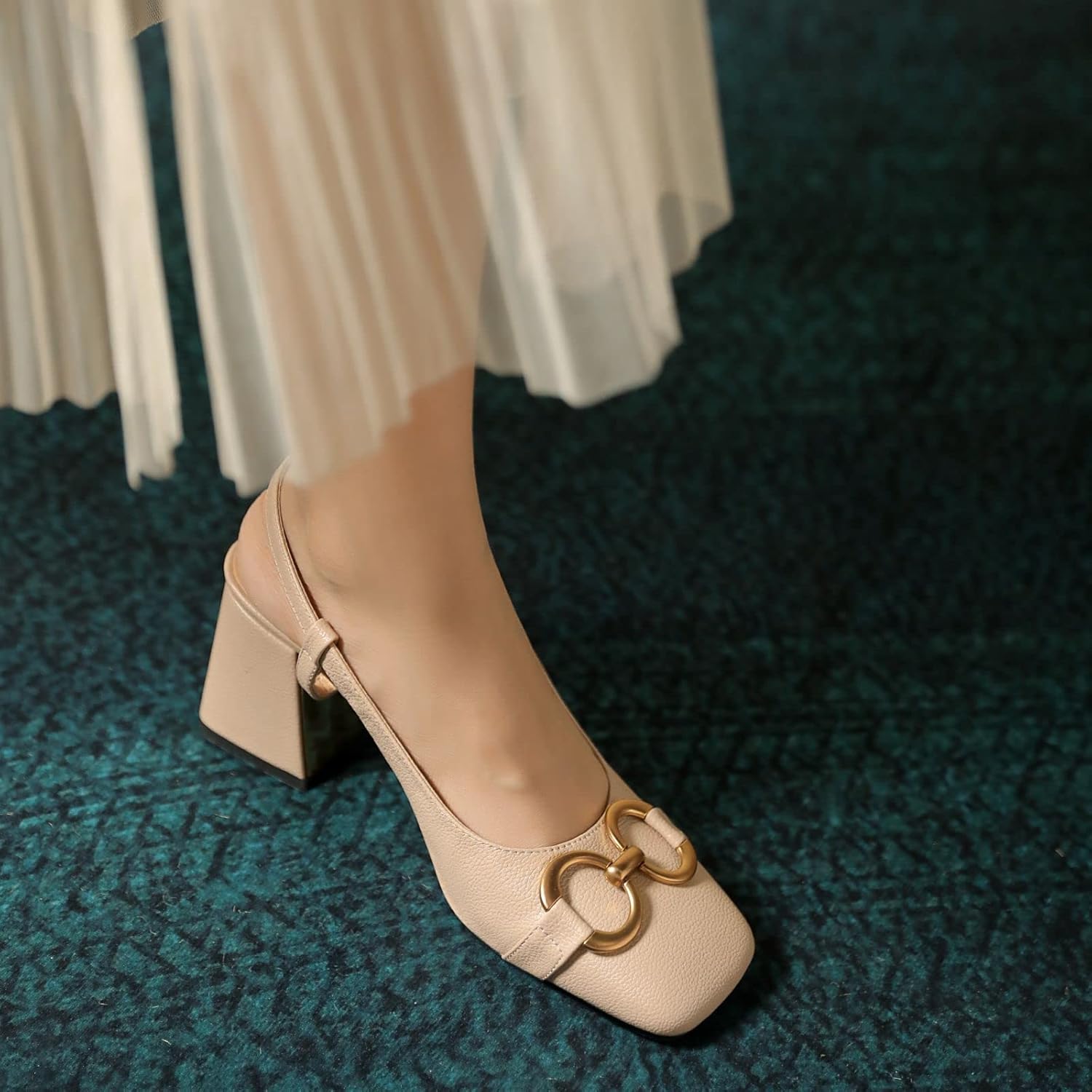 Vertundy Women's Slingback Closed Square Toe Chunky High Heels Sandals Adjustable Ankle Buckle Strap Dress Summer Pumps Ladies Block Heel Beige Nude Brown - Image 5