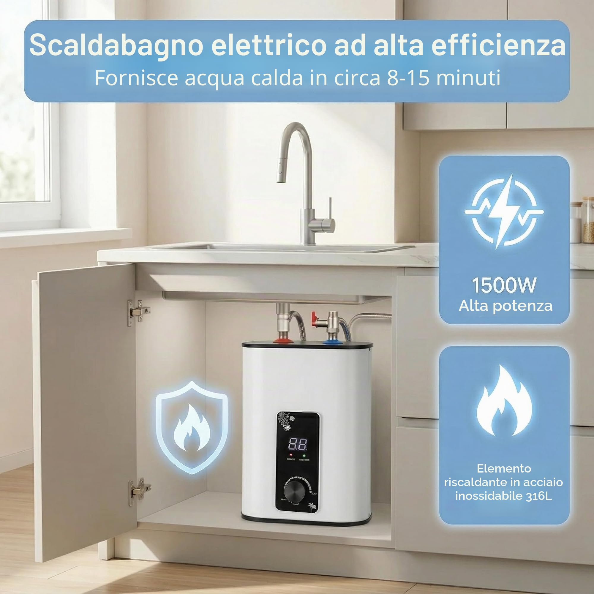Scaldabagno sottolavello - 8 l - Serbatoio di acqua calda resistente alla pressione - 1500 W - Con display LED - Temperatura regolabile da 0 a 65 °C - Per lavabo, cucina e bagno - Bianco - 220-240 V