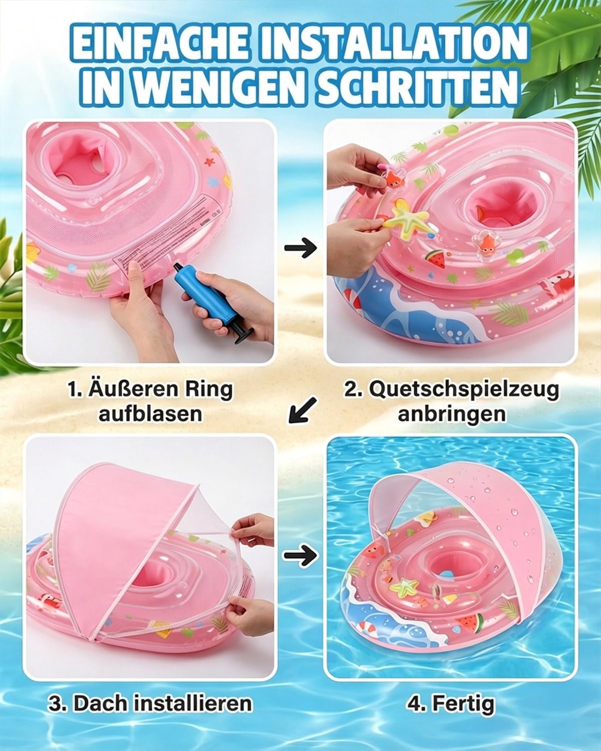 Schwimmring Baby, Aufblasbarer Baby-Schwimmkörper mit UPF50+ Sonnendach, Doppelkreis Design, Verstellbarer Sicherheitssitz, Kippschutz, Schwimmhilfe Kinder ab 6-36 Monate