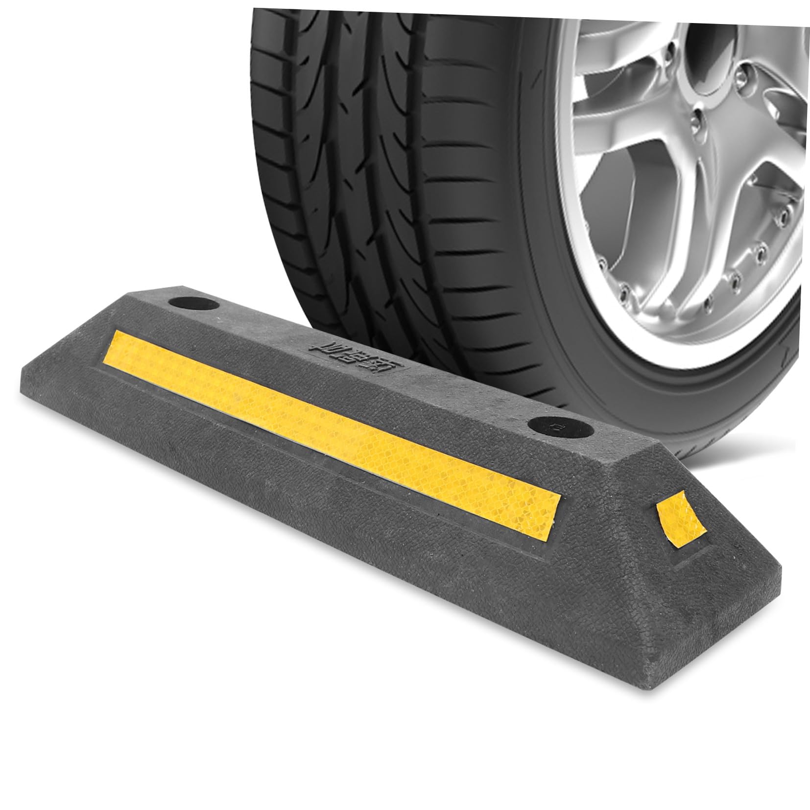 Tope De Rueda De Goma 480x130x80 Mm Resistente Cinta Reflectante, Bloqueador De Estacionamiento para Garaje y Aparcamiento En Exteriores, Protección para Coches y Vehículos Adultos