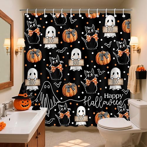 Miniatura 6 de Mocsicka Cortina de ducha de Halloween con dibujos animados, fantasma, lindo gato negro, calabaza, cortina de ducha de baño, cortina de ducha de