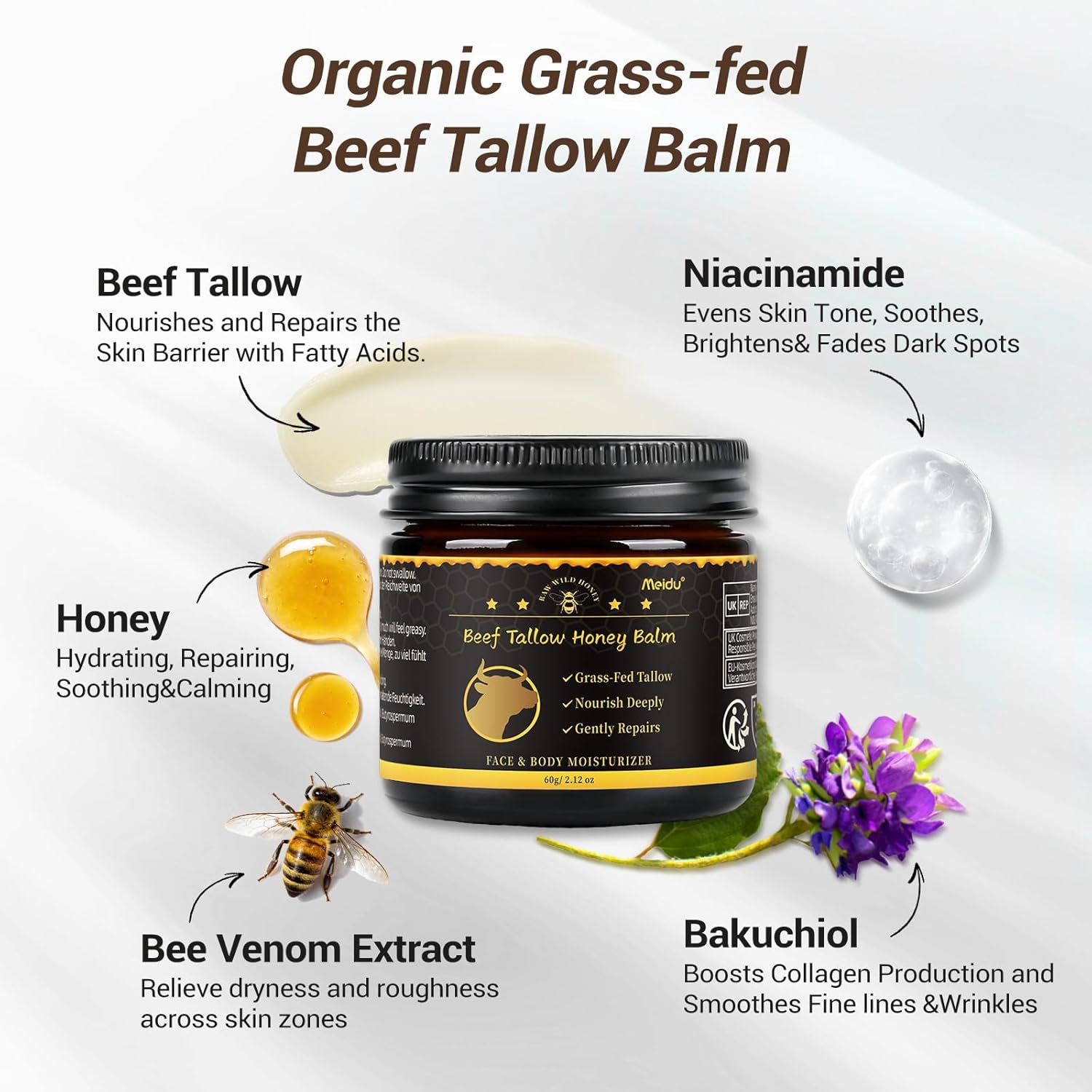 IIIMEIDU Tallow and Honey Balm, Beef Tallow for Skin, Tallow Face Moisturizer with 100% Organic Grass-Fed Beef Tallow & Raw Wild Honey, Natural Formula for Face & Body for Men Women - Image 5