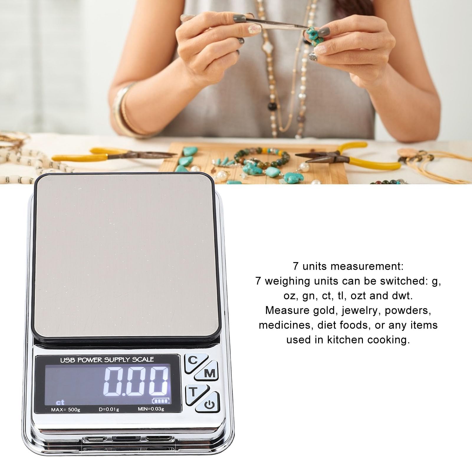 Báscula Digital Alta Precisión 500g x 0.01g Escala Miligramos para Joyería Cocina Portátil con Función Tare PCS Acero Inoxidable