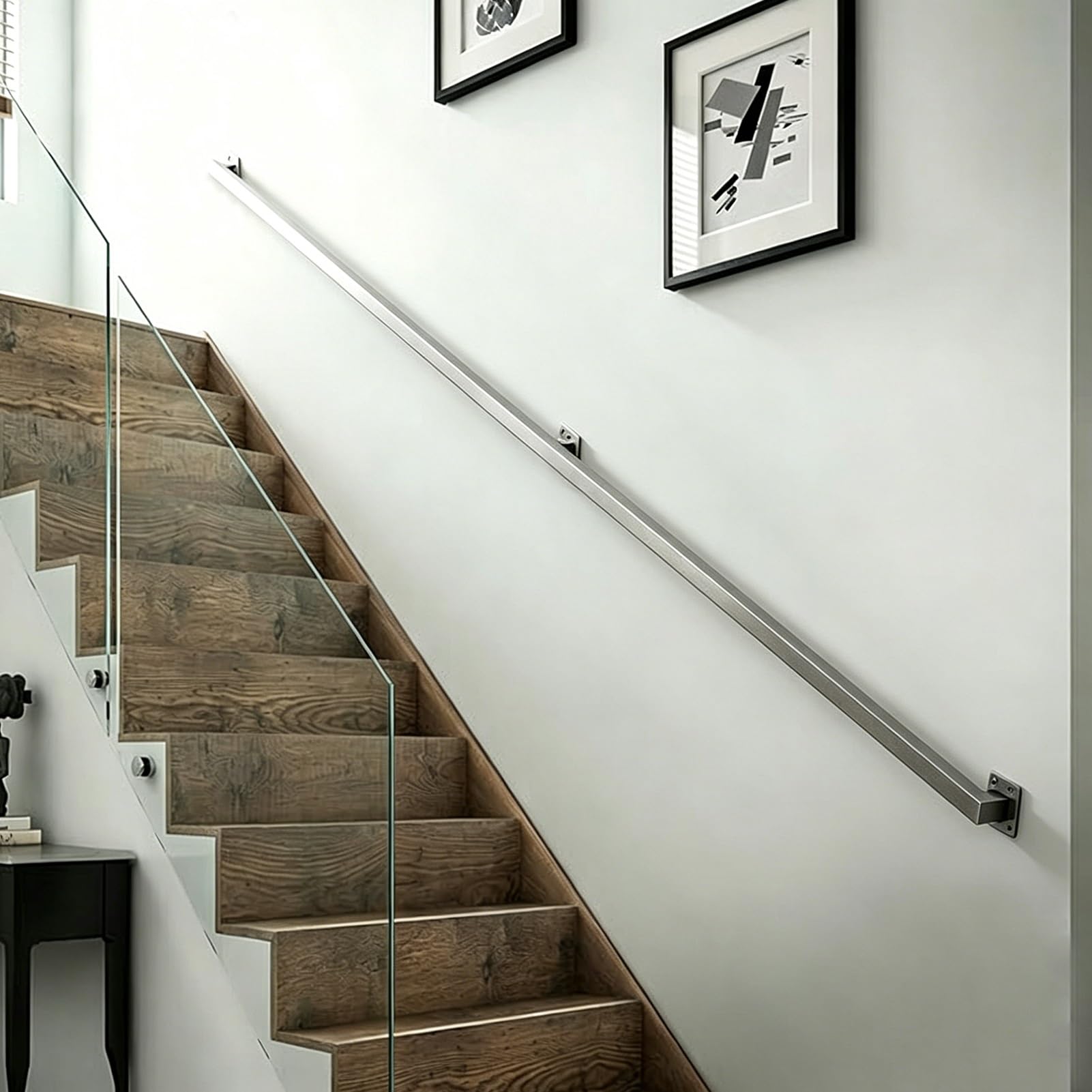 Hamankim One Color Indoor Stair Handrails For Wall - Brushed Stainless Steel Safety Sturdy Grab Bars - 1Ft-20Ft Square Pipe Rust-Resistant Banisters Rail For Loft Porch Garage Deck - Silver(8Ft/2.4M)