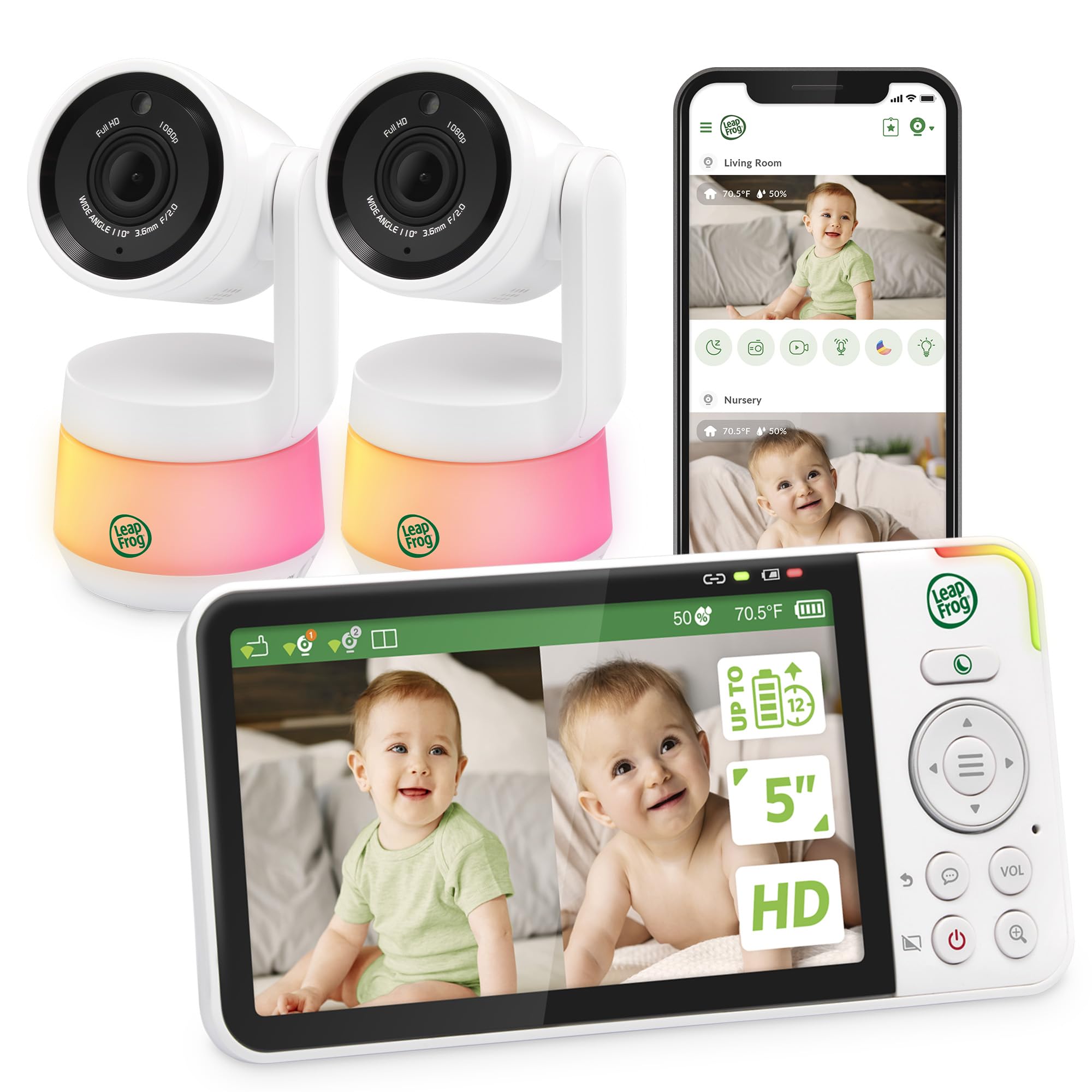 Photo 1 of ***ONE CAMERA WORKS**MINOR CRACK ON MONITOR**** LeapFrog Baby Monitor with 5" Color LCD Screen, 720p HD Monitor/1080p HD Remote App, 360° Pan & Tilt, Color Night Vision & Adaptive Color Night Light, Lullabies, Rechargeable Battery | LF925-2HD
