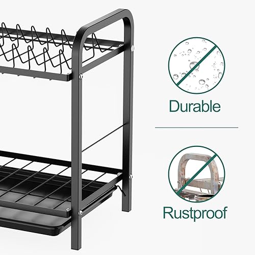 Miniatura 7 de GSlife Escurridor de platos, 2 niveles resistente al óxido con escurridor compacto con soporte para utensilios, soporte para tabla de cortar para
