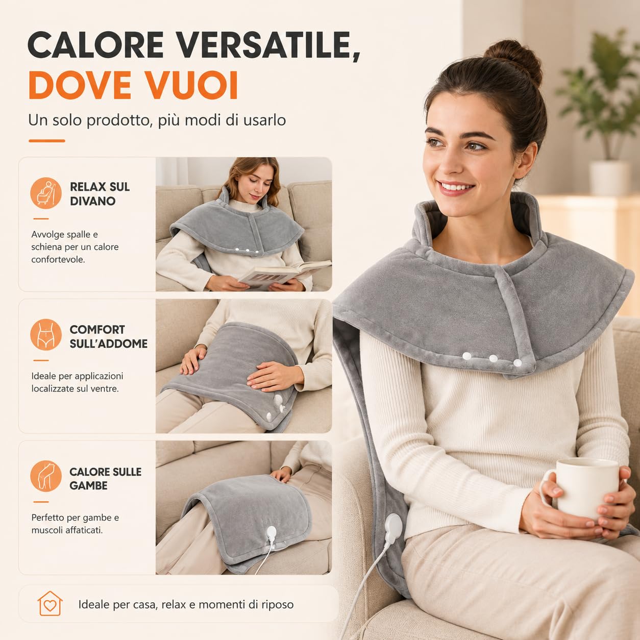 Termoforo Elettrico per Collo e Spalle, 60x90 cm, Spegnimento Automatico | Riscaldamento rapido in morbida flanella con livelli regolabili e design a mani libere per un comfort totale e sicuro.