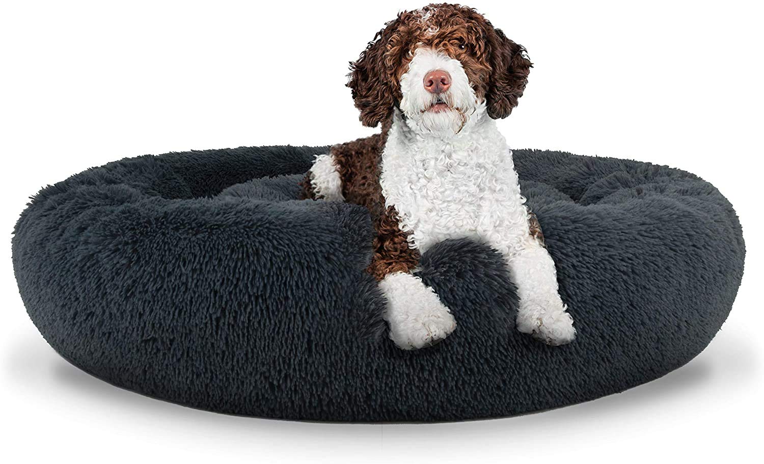 OKJ Dog Cat Bed Plush Donut for Large Medium Small Dog Cat Calming Fluffy Soft Cuddler Round Pet Nest Orthopedic Relief & Improved Sleeping with Anti-Slip Bottom (90CM,Steel Grey Plush)