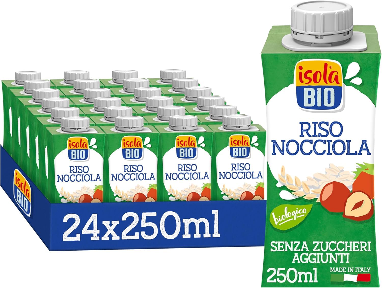 ISOLA BIO Riso Nocciola Mini, Bevanda Biologica a Base di Riso e Nocciole, 100% Ingredienti Naturali, Senza Glutine, a Basso Contenuto di Grassi, per Vegetariani e Vegani, 24 Confezioni da 250 ml