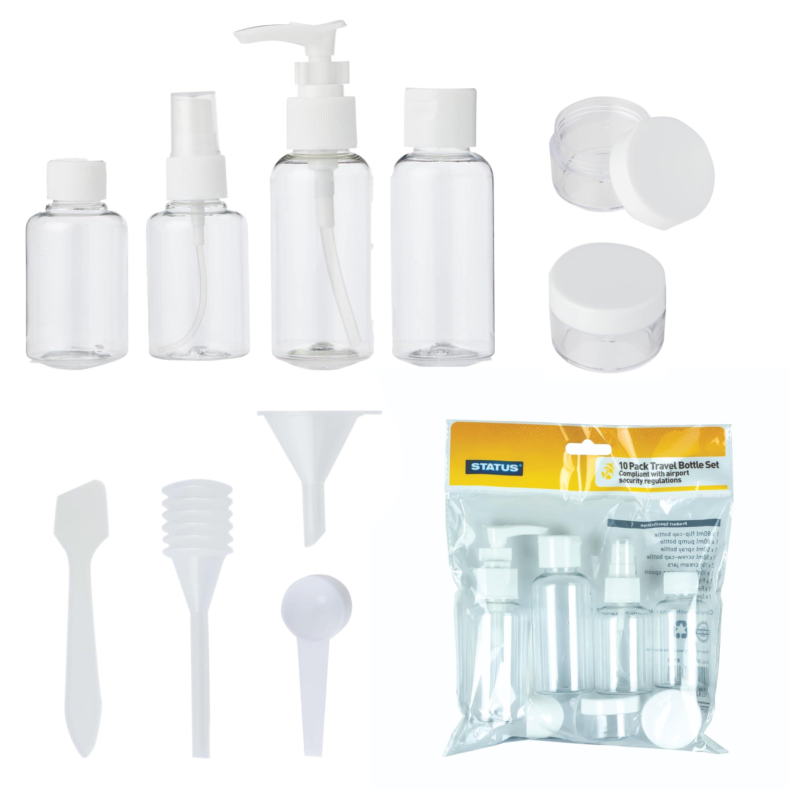 Status 10-Piece Clear Travel Bottle Set, Assorted 80ml 50ml 10ml Leakproof Refillable Containers for Cabin-Bag Liquids, Airport Compliant Toiletry Kit (STBS10PCX8)