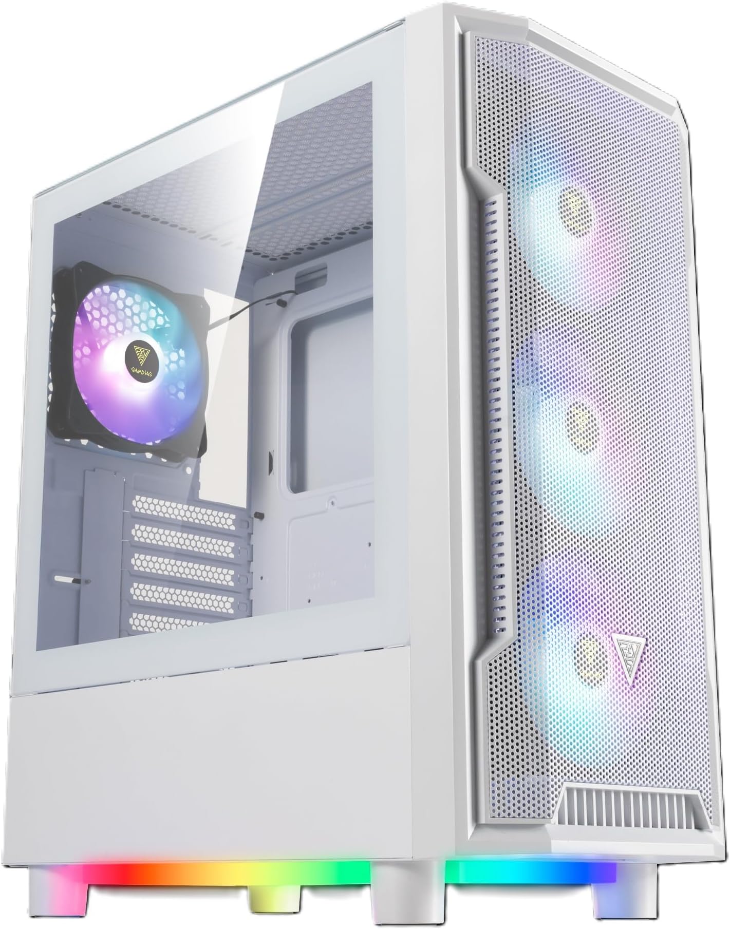 GAMDIAS PC Case, ATX Gaming Mid Tower, Tool-Free Tempered Glass Side Panel, Pre-install 4 x 120 ARGB Fan, Airflow Mesh Front, 3 sided Underglow, White