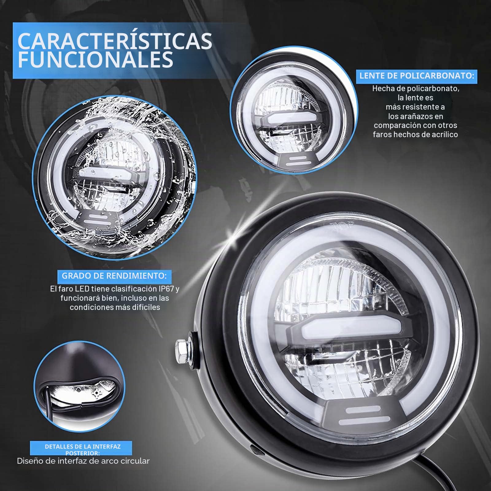 6.8 pulgadas Faro LED redondo para motocicleta de con halo blanco y soportes Luz de faro delantero universal Faro de reajuste de haz alto y bajo (luz blanca).