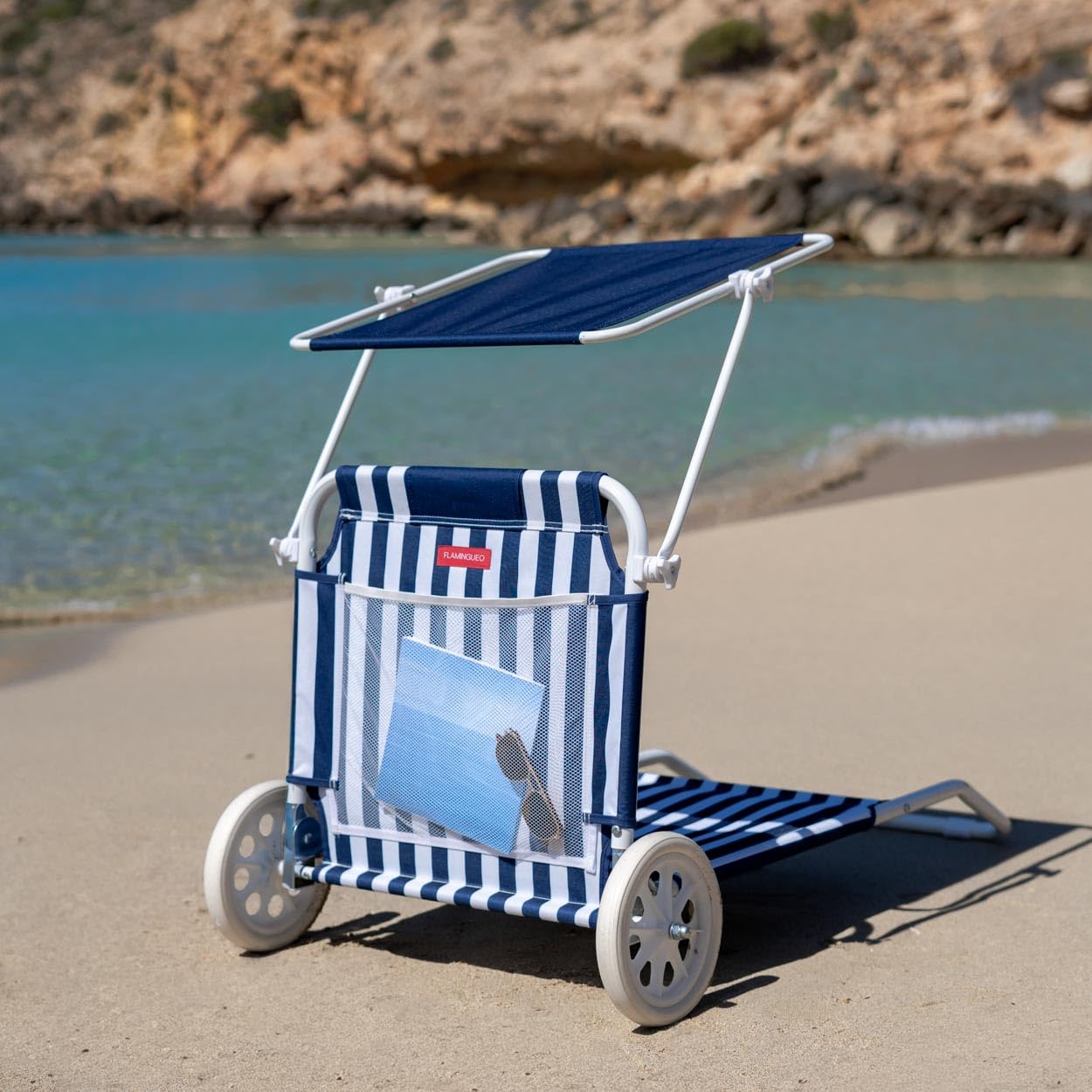 Flamingueo Chaise de Plage - Transat Pliable - 5 Positions - Parasol Réglable UPF 50+ - Oreiller Ergonomique - Convertible en Chariot de Transport - Bleu