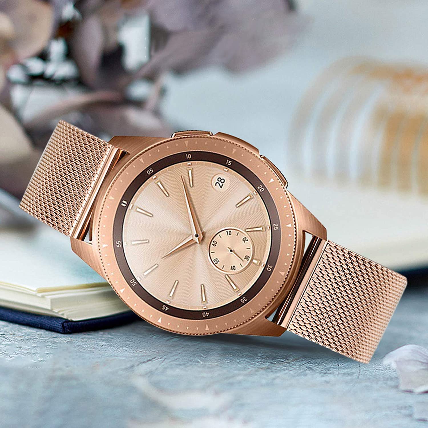 Aliwisdom bracelet de Montre 18mm pour Montre connectée, Smartwatch universelle Métal Acier Maille Bracelets de rechange de à libération Rapide pour Homme Femme (Or Rose, 18mm)