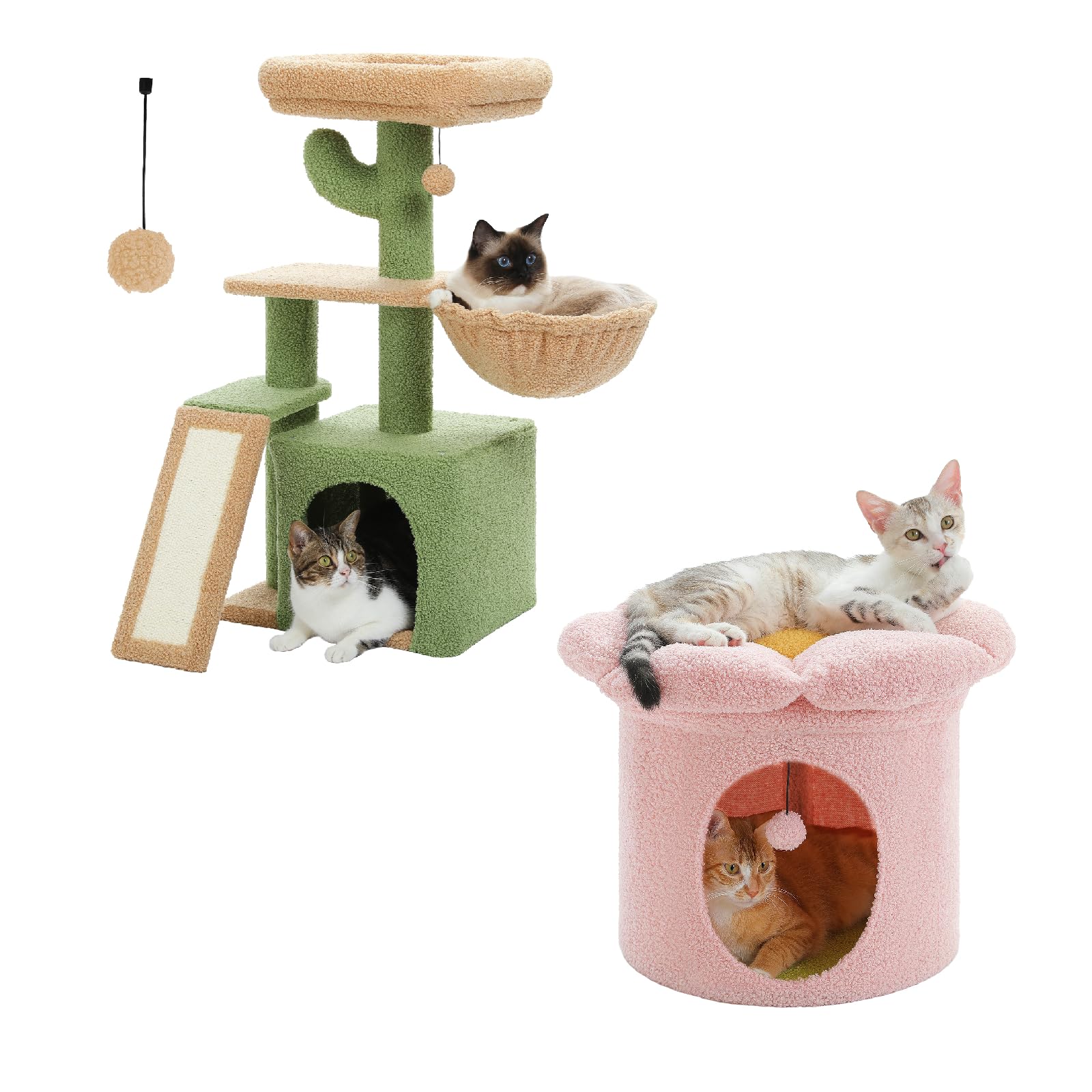 PETEPELA Cactus Cat Tree for Indoor Cats, 32'' Small Cat Tower with Removable Flower Cat Bed, Cozy Cat Beds for Play and