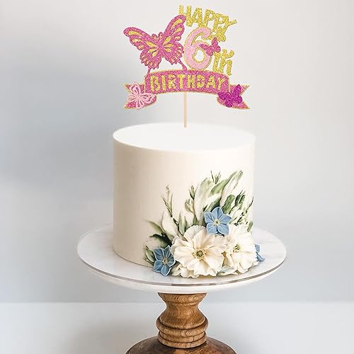 Miniatura 4 de 1 pieza de decoración de pastel de 6 cumpleaños de mariposa con purpurina dorada y rosa para 6 cumpleaños, decoración para baby shower, niños y