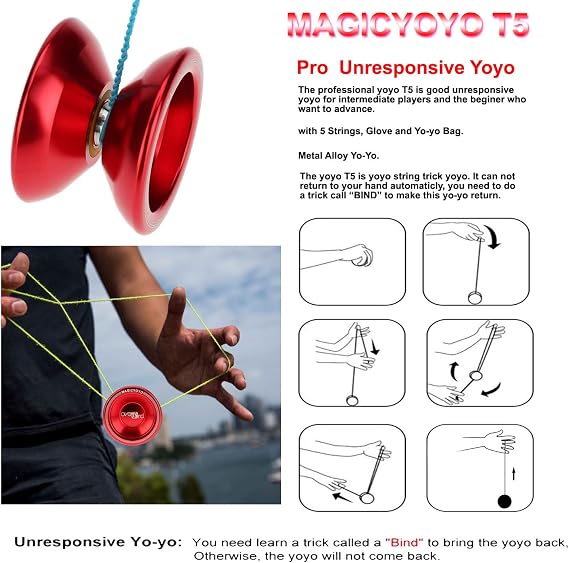 MAGICYOYO Professional Unresponsive Yoyo for Kids, Metal Yoyos for Adults, Advanced Unresponsive Yo-yo, NOT for Beginner, Magic Yoyo T5 Pro Yo Yo Ball with Glove+ Bag+ 5 Yo-Yos Strings, Red