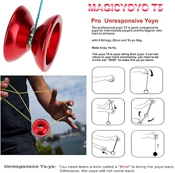 MAGICYOYO Professional Unresponsive Yoyo for Kids, Metal Yoyos for Adults, Advanced Unresponsive Yo-yo, NOT for Beginner, Magic Yoyo T5 Pro Yo Yo Ball with Glove+ Bag+ 5 Yo-Yos Strings, Red