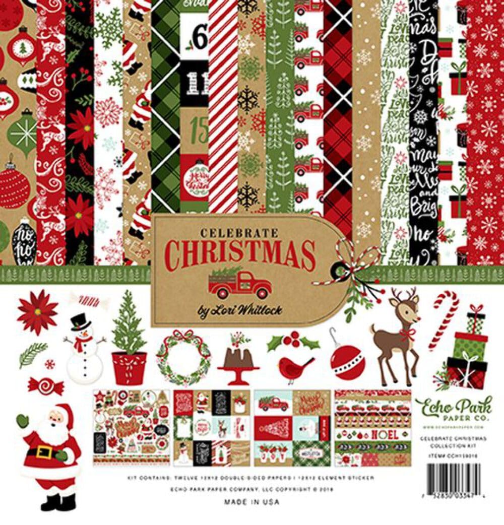 Echo Park Paper Company Celebrate Christmas Collection Kit paper, Red/Green/Tan/Burlap/Black 12-x-12-Inch
