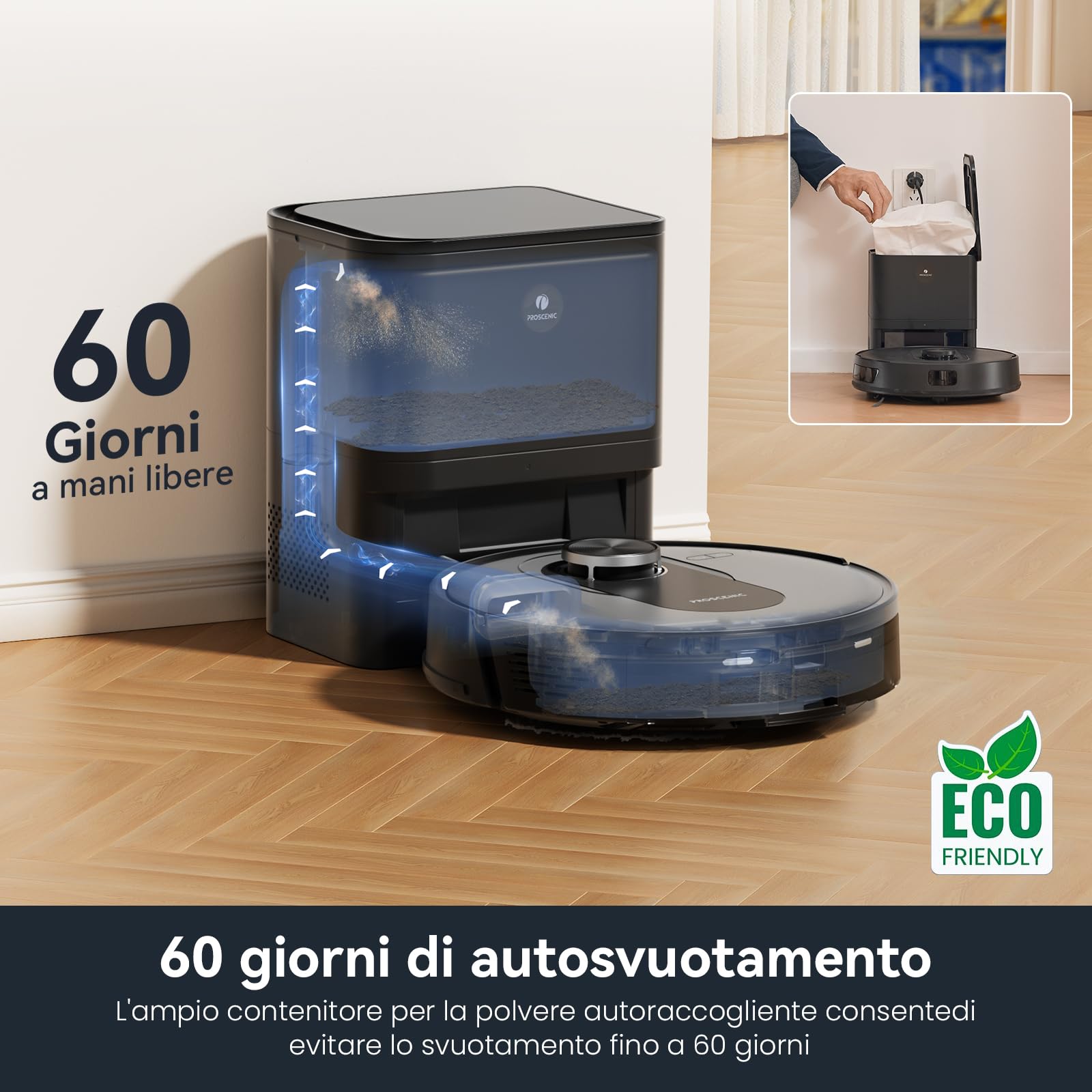 Proscenic Q8 Max Robot Aspirapolvere Lavapavimenti con Mappatura, 5000 Pa/200 min, Svuotamento Automatico di Polvere, Navigazione LiDAR, Anti-Groviglio di Capelli, APP/Aleax/Wifi