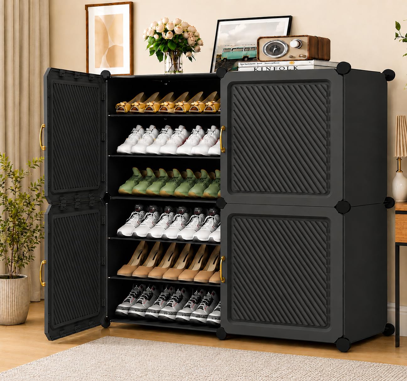 Sunderlook Shoe Rack Plastic for Home- Shoe Stand, Chappal Stand, Professional Multipurpose Foldable Standing Comfort Runner Shoe Rack with Door, Slipper Stand (Grey, 12 Shelf 4 Door)