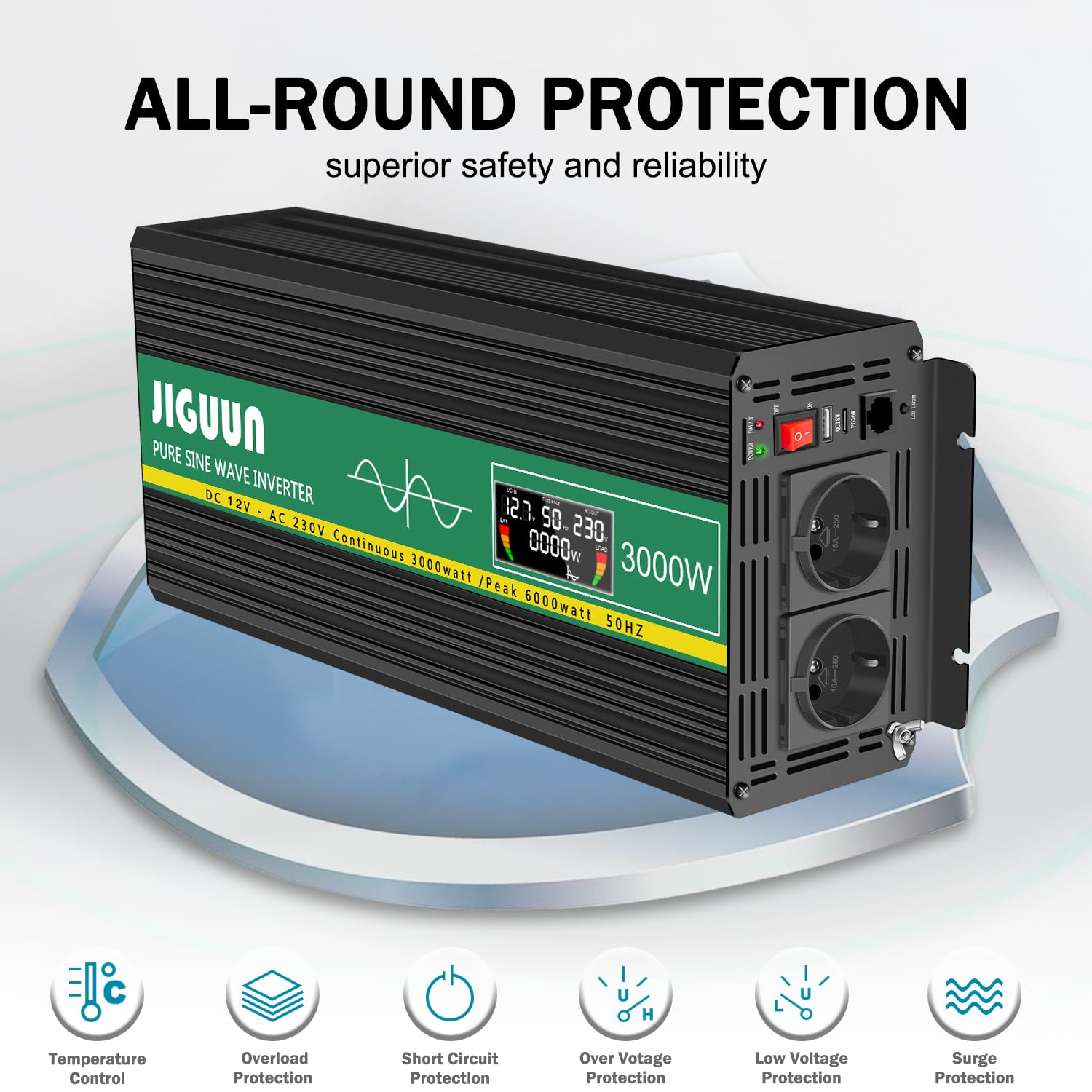 JIGUUN 3000W 6000W Wechselrichter Spannungswandler 12V auf 230V Reiner Sinus mit LCD-Anzeige,5M Fernbedienung,2 EU Steckdosen,1 USB,Geeignet für Wohnmobil,Camper,LKW