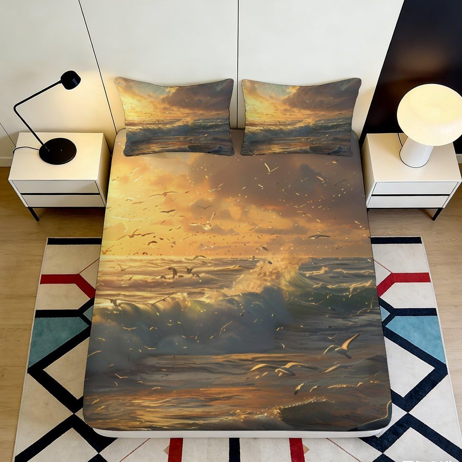 3D Printed Ocean Sunset Fitted Sheet Microfiber Soft Breathable Seagull Wave Mattress Cover for Bedroom Decor 90x200x25cm