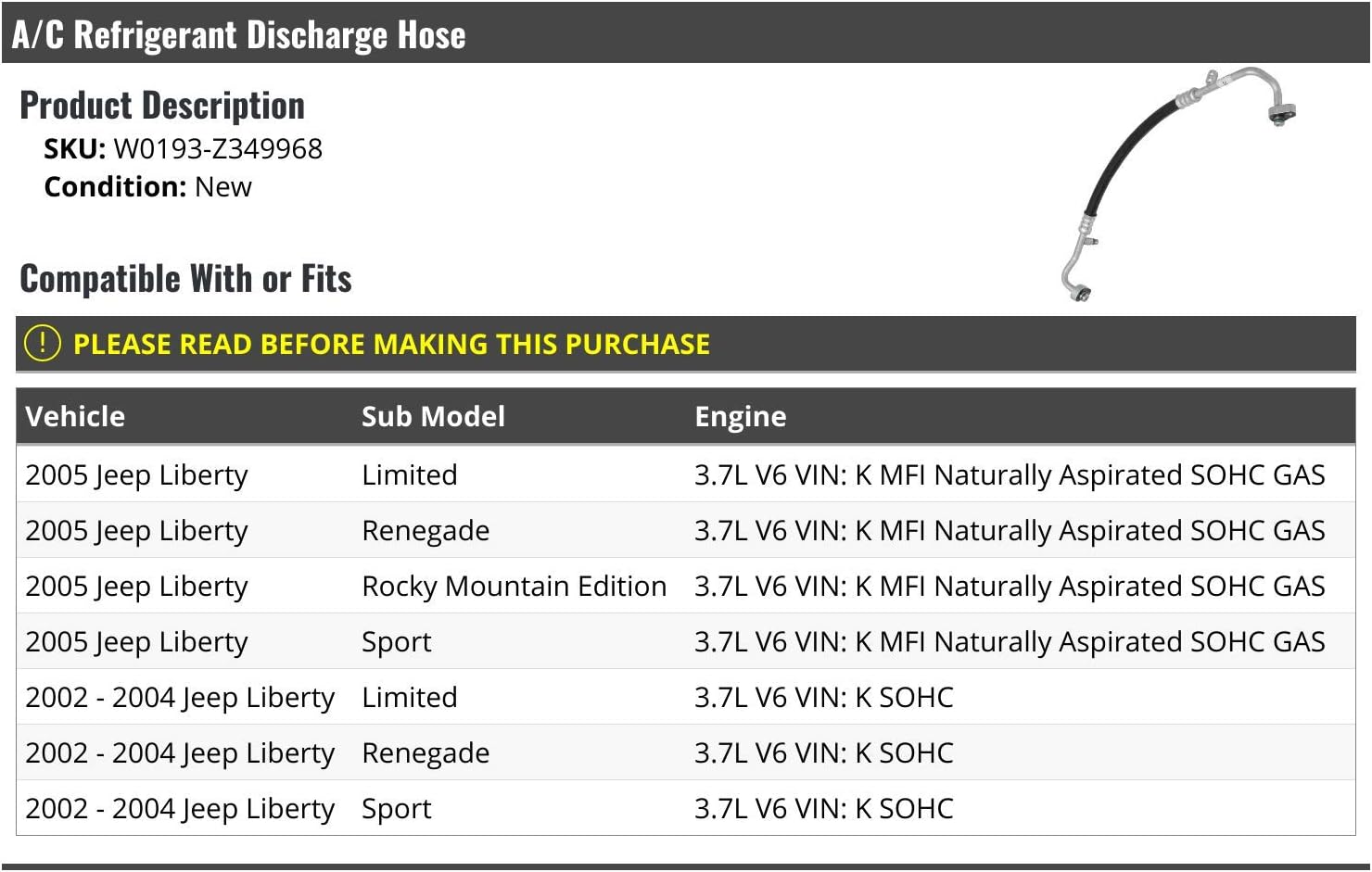 Marketplace Auto Parts A/C Discharge Hose - Compatible with 2002-2005 Jeep Liberty 3.7L V6 SOHC