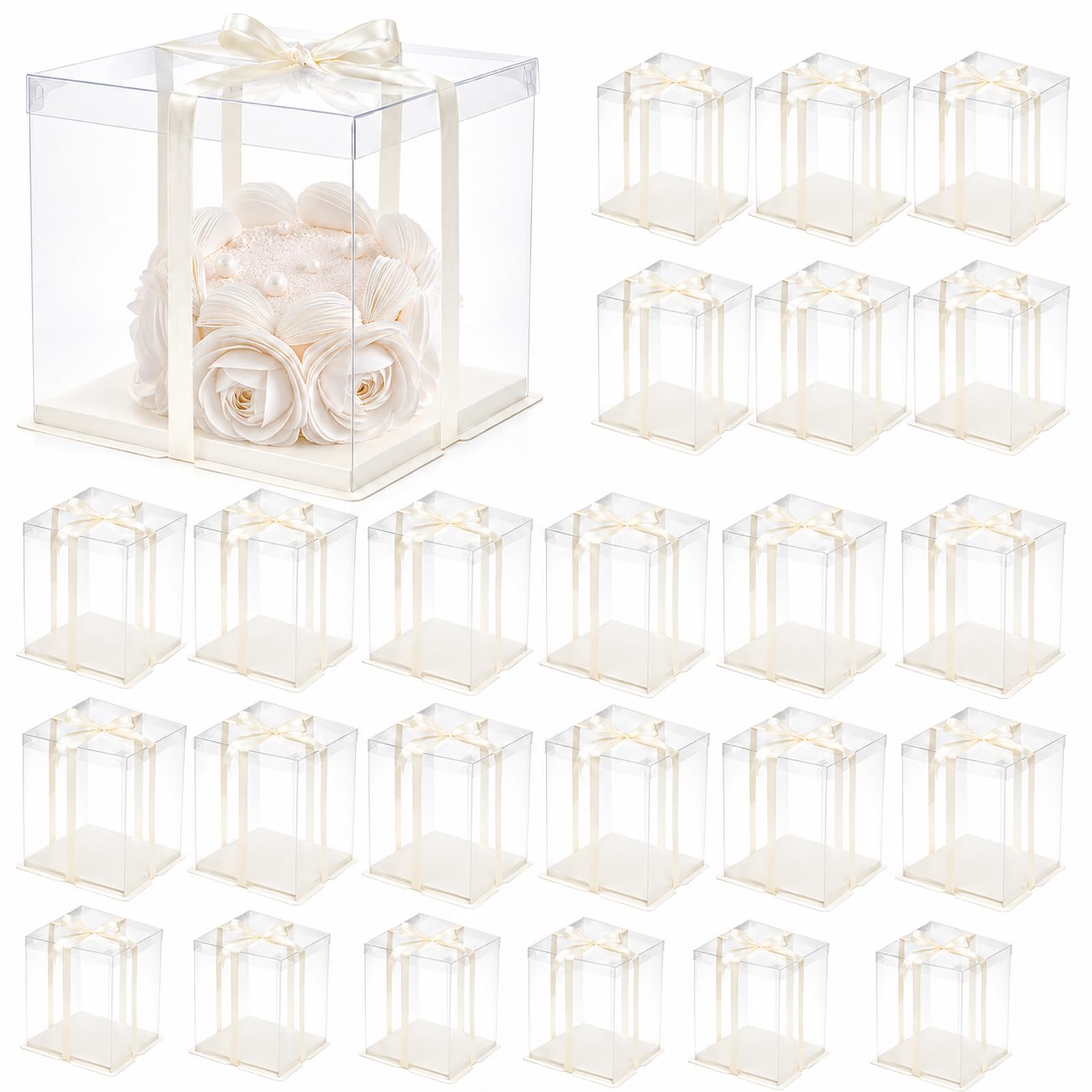 xilianBPK 24 Pcs Clear Gift Box with Ribbon 2-Layer 26x26x31cm, Transparent Cake Carrier Box with Lids, PET Tall Cake Packaging Boxes, Clear Gift Boxes for Birthday,Wedding and Festival Party