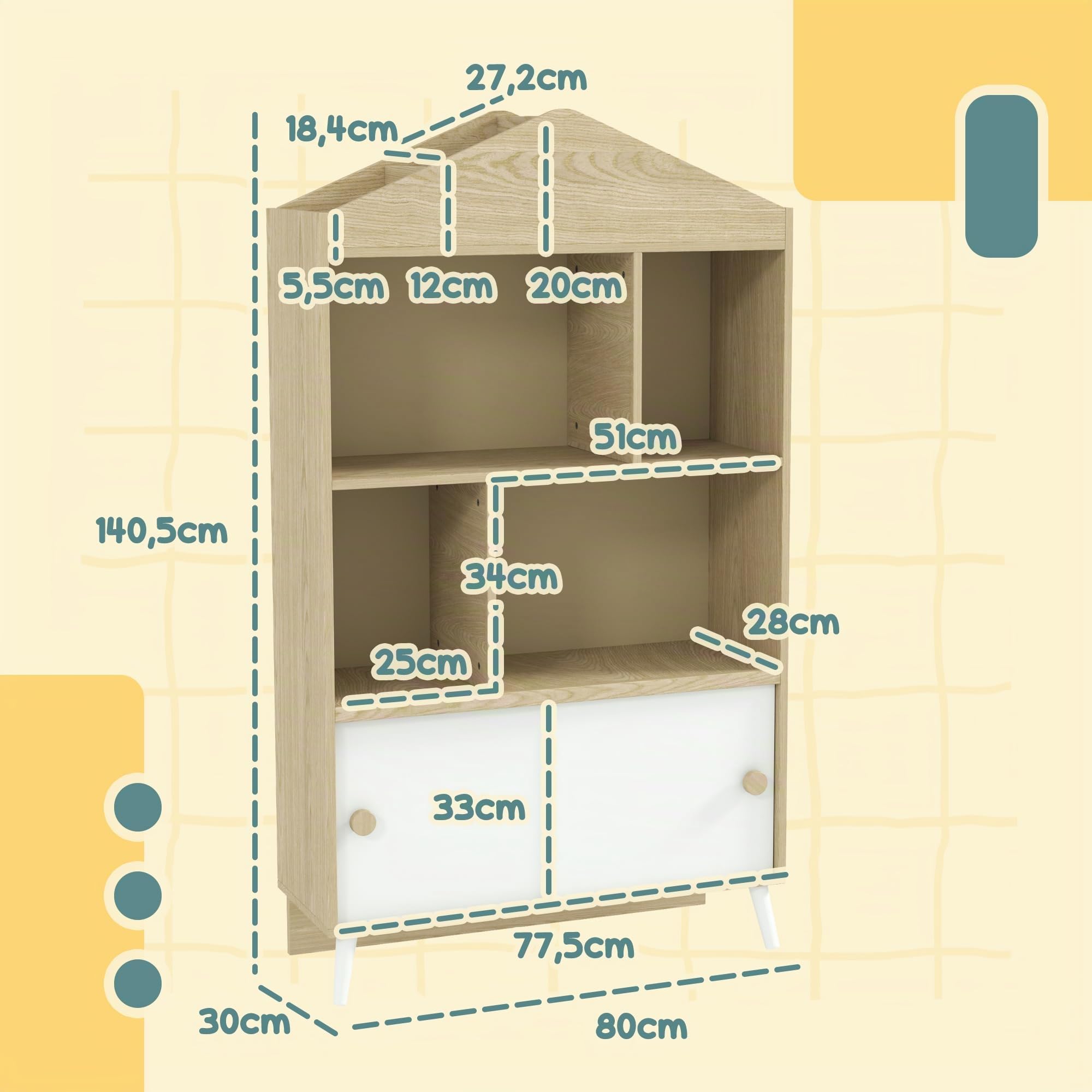 AIYAPLAY Estantería Infantil de Madera 80x30x140,5 cm Blanco y Natural | 4 Compartimentos, Librería Infantil, Estantes Abiertos, Armario, para Habitación Niños, Sala Juegos