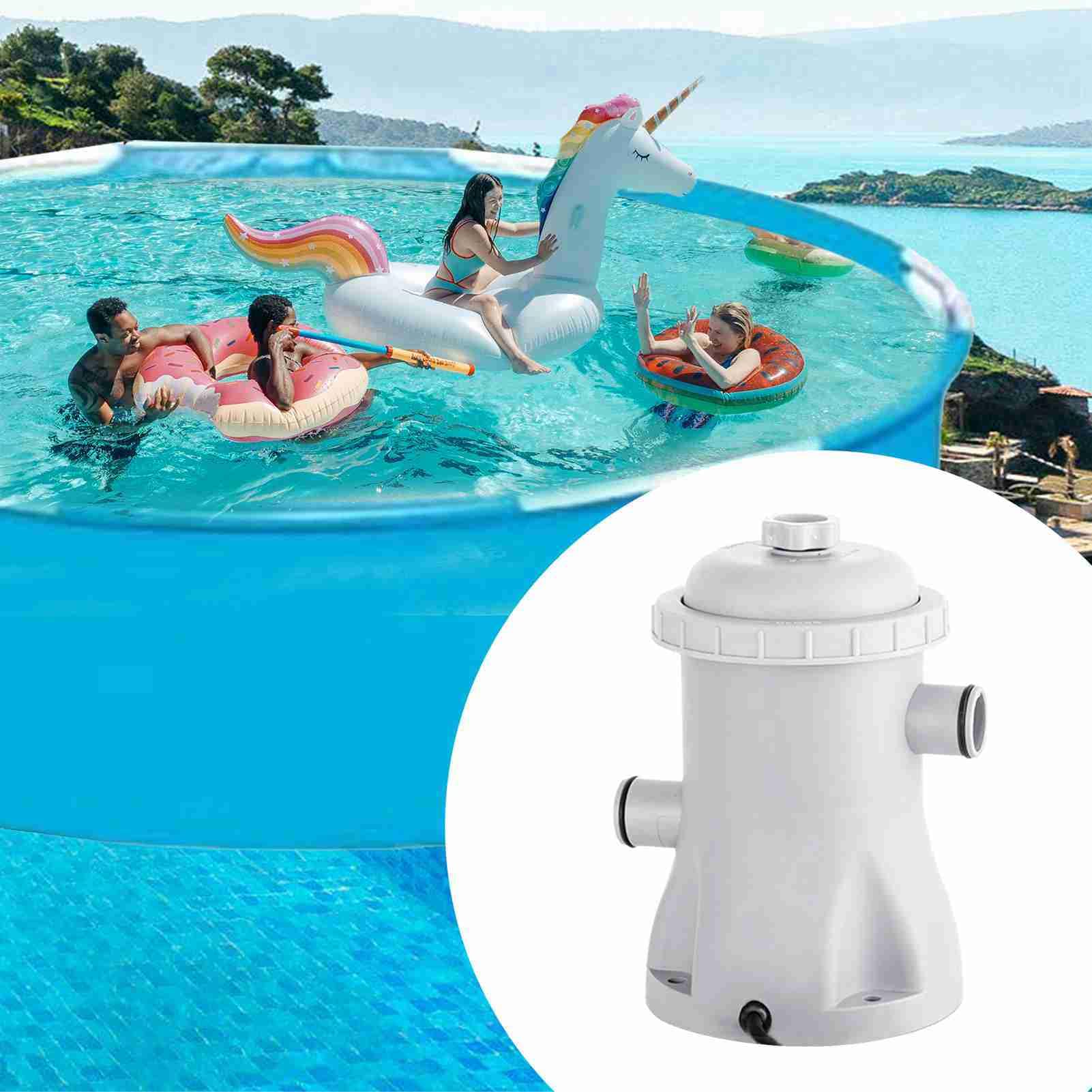 Kavolet Bomba de filtro de piscina de 16 W, 1.250 L/h, bomba de agua eléctrica con 2 cartuchos de filtro de piscina, bomba de piscina sobre el suelo, sistema de filtro de cartucho pequeño