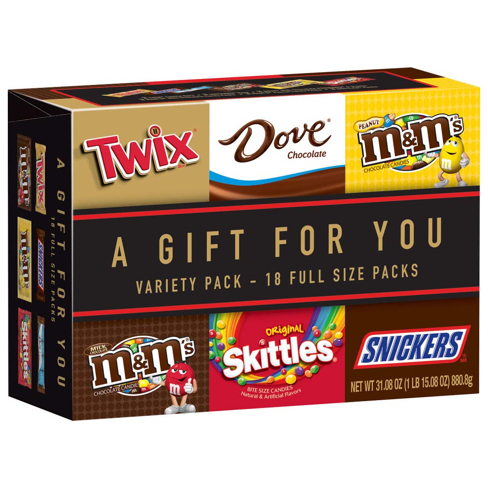 Mars Chocolate Twix, Snickers, Dove, M&M'S Milk Chocolate, M&M'S Peanut and Skittles Full Size Candy Gift Box, 18 Count Variety Box