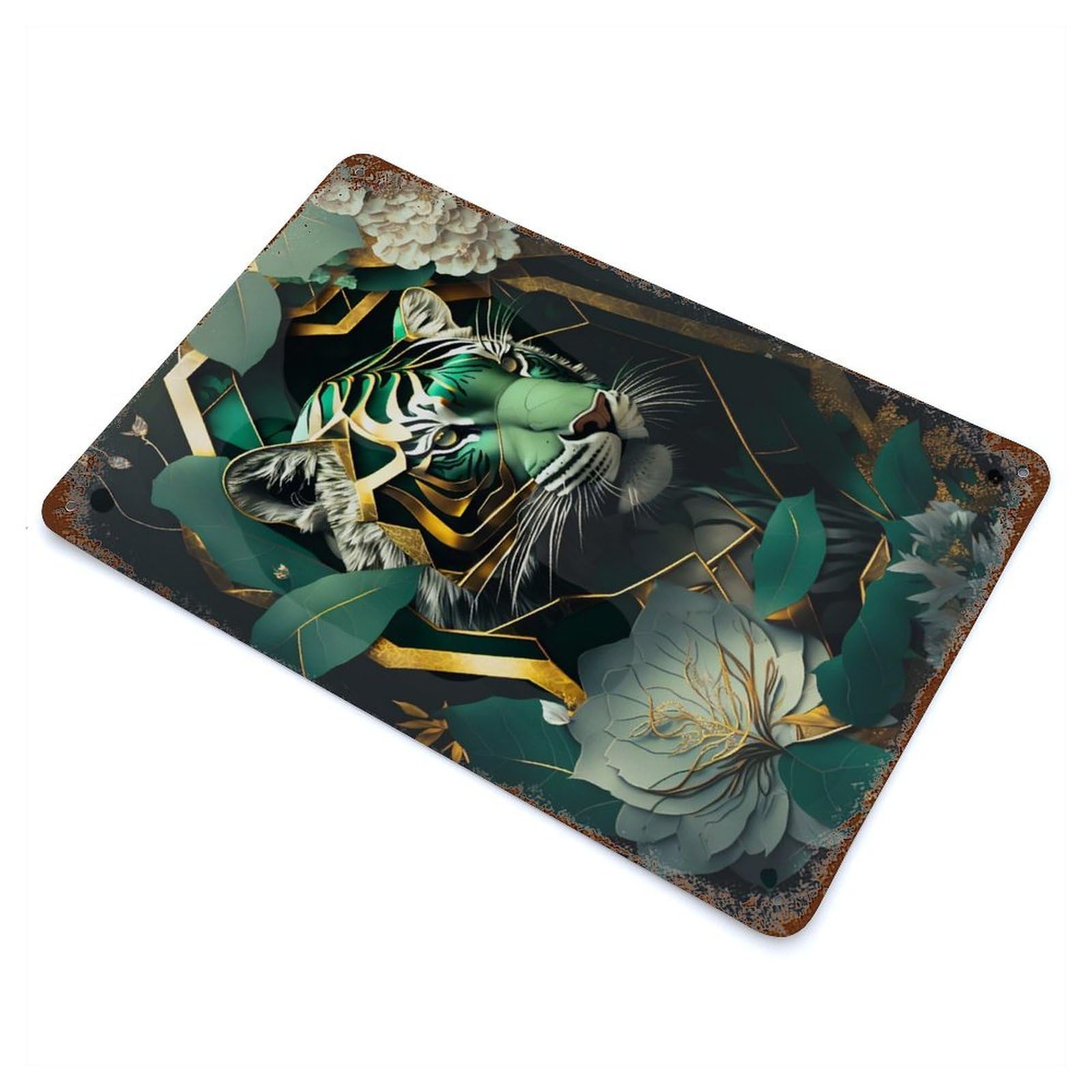 Abstract Gold Green Tiger Weathered Tin Sign 11.8"x7.9", for Garage, Bar And Workshop Decor, Vintage Wall Decor