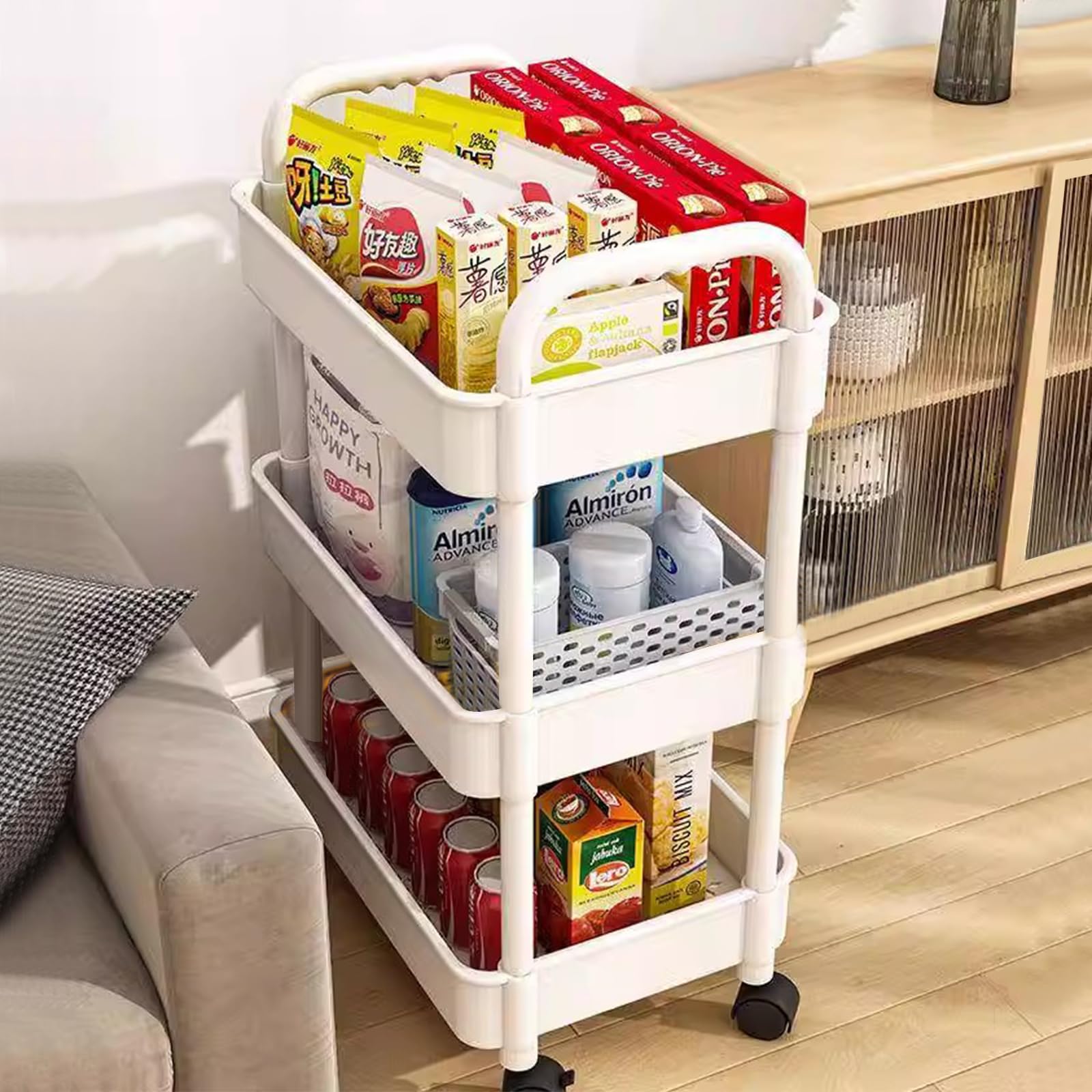 3 Livelli Carrello Cucina, Scaffale Plastica 38 × 25 × 76 cm, Bianco Carrello Ruote Portatutto Cucina Portaoggetti Multifunzionale per Bagno Ufficio Soggiorno Spazi Ristretti