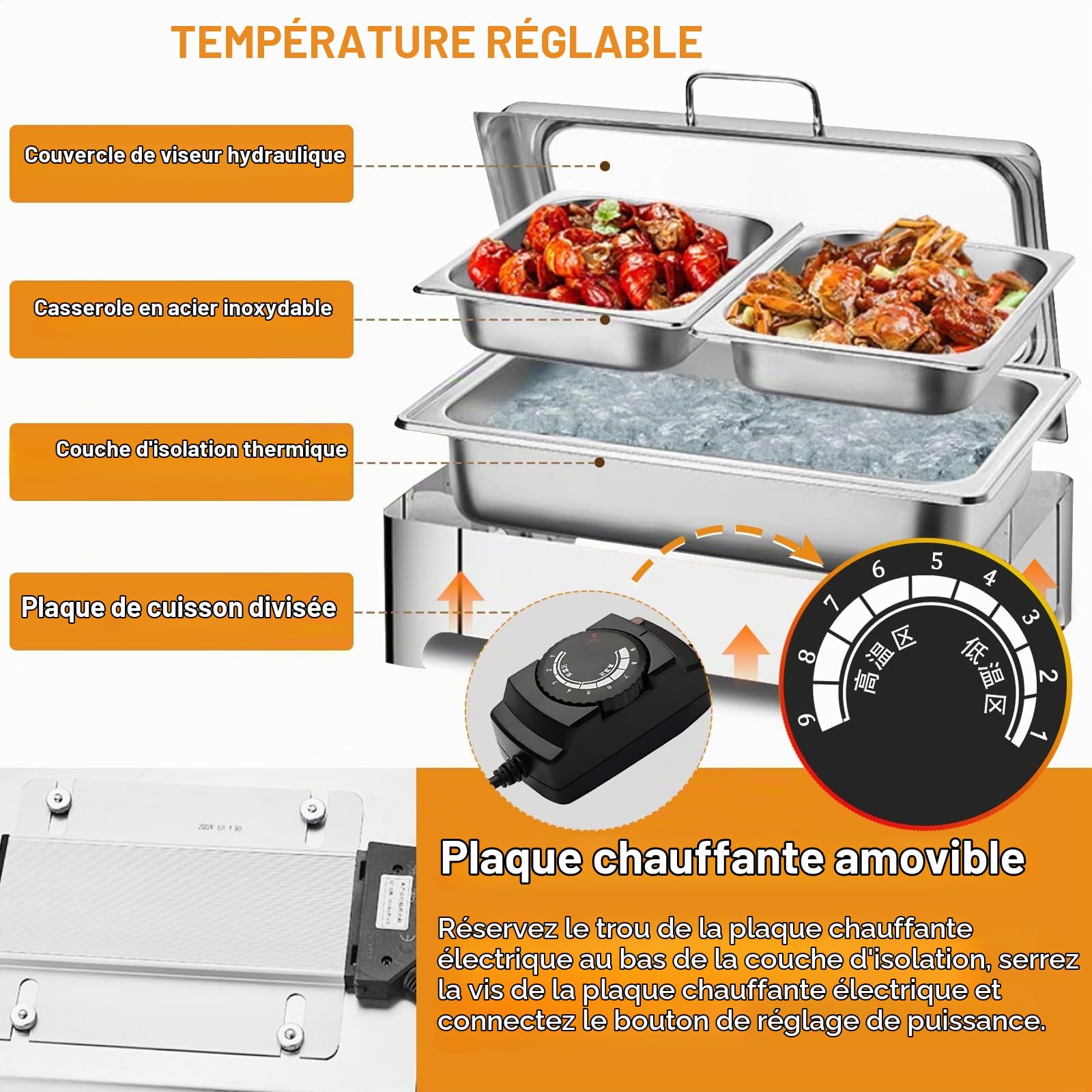 9L Chafing Dish Electrique, Chauffe-Plats Électrique Buffet Server, Acier Inoxydable Buffet Chauffant pour Restauration, Buffet fêtes, Température Réglable 30-85°C (1/3)