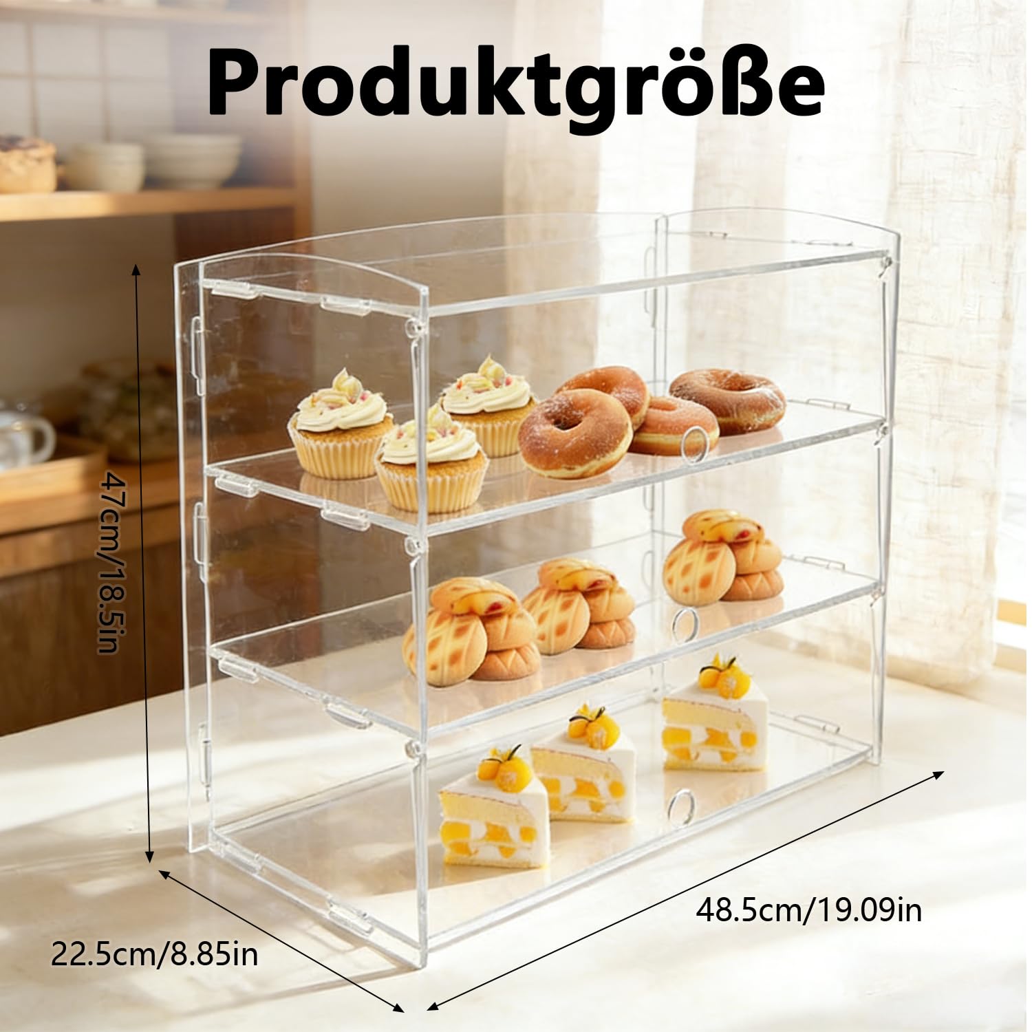 Acryl Vitrine für Gebäck, 3-stöckige Transparent Brotkasten Kommerzielle Bäckerei Vitrine 19,09" x 18.5" x 8.86", Konditorei Vitrine für Cupcakes Kekse Brot Minikuchen Donut