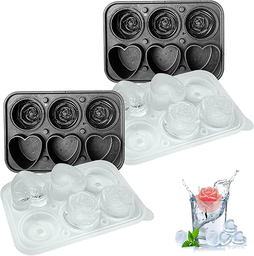 Paquete de 2 moldes de silicona para cubitos de hielo, bandejas de hielo en forma de corazón 3D, moldes de cubitos de hielo negros con tapa