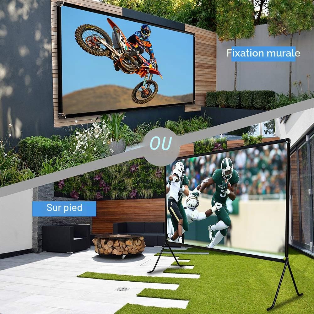 Écran de projection (150 pouces), projection toile avec support 16: 9 HD pliable intérieur/extérieur, écran de projection vidéo pour la maison, fête, bureau, salle de classe…