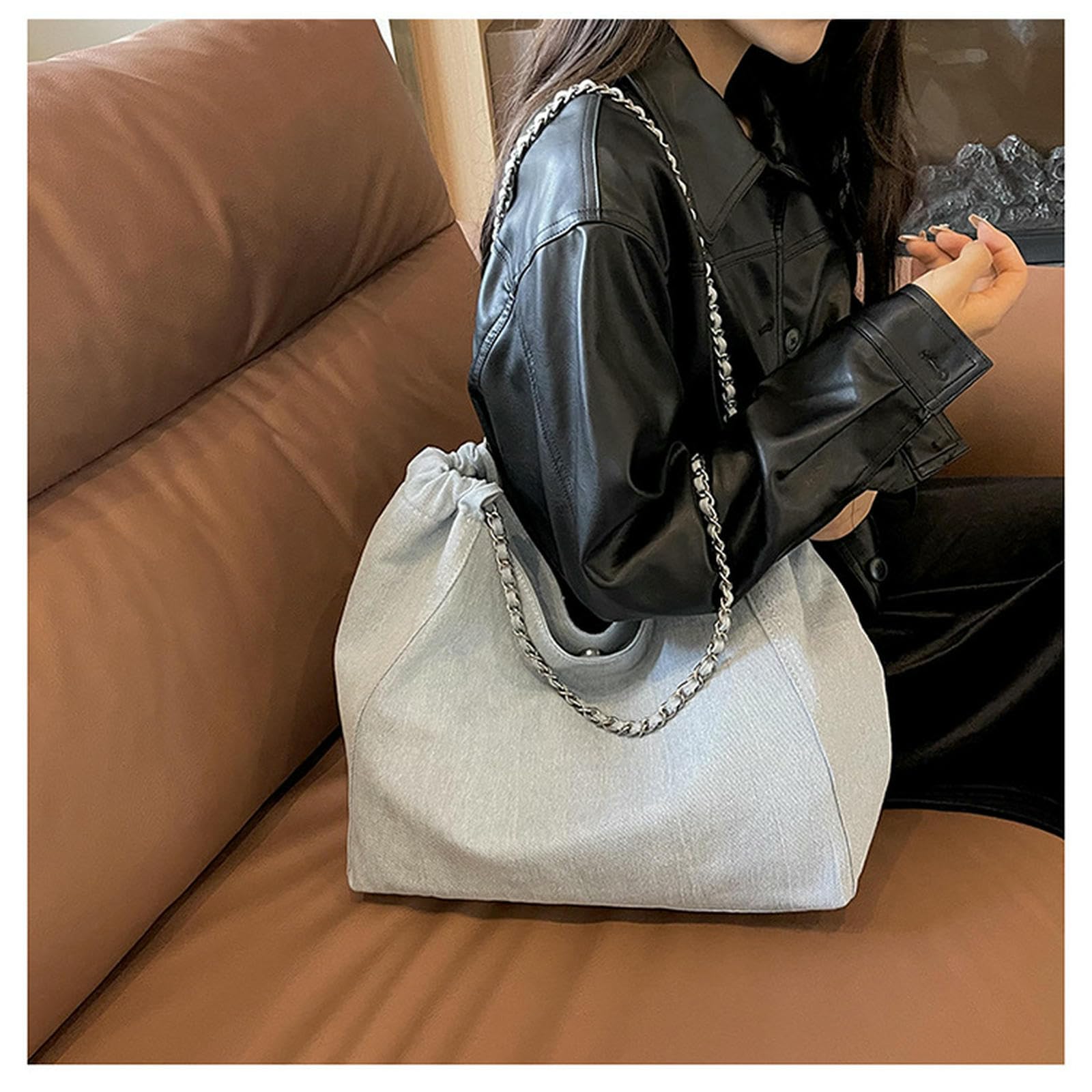 Borsa Donna in Denim di Grande capacità da Donna, A Tracolla Leggera per Studenti Universitari, Catena-Nero
