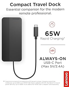 Lenovo USB-C Dual Display Travel Dock w/ 100W Power Adapter - 7 Ports, Integrated USB-C Cable, Universal Compatibility, Dual Displays at 4K - Black