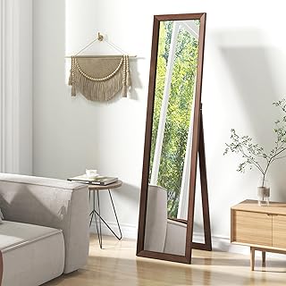 CHARMAID Full Length Mirror with Stand, 61" x 14.5" Full Body Floor Mirror with Solid Wood Frame, Free Standing Large Dressing Mirror for Bedroom Cloakroom Living Room, Brown