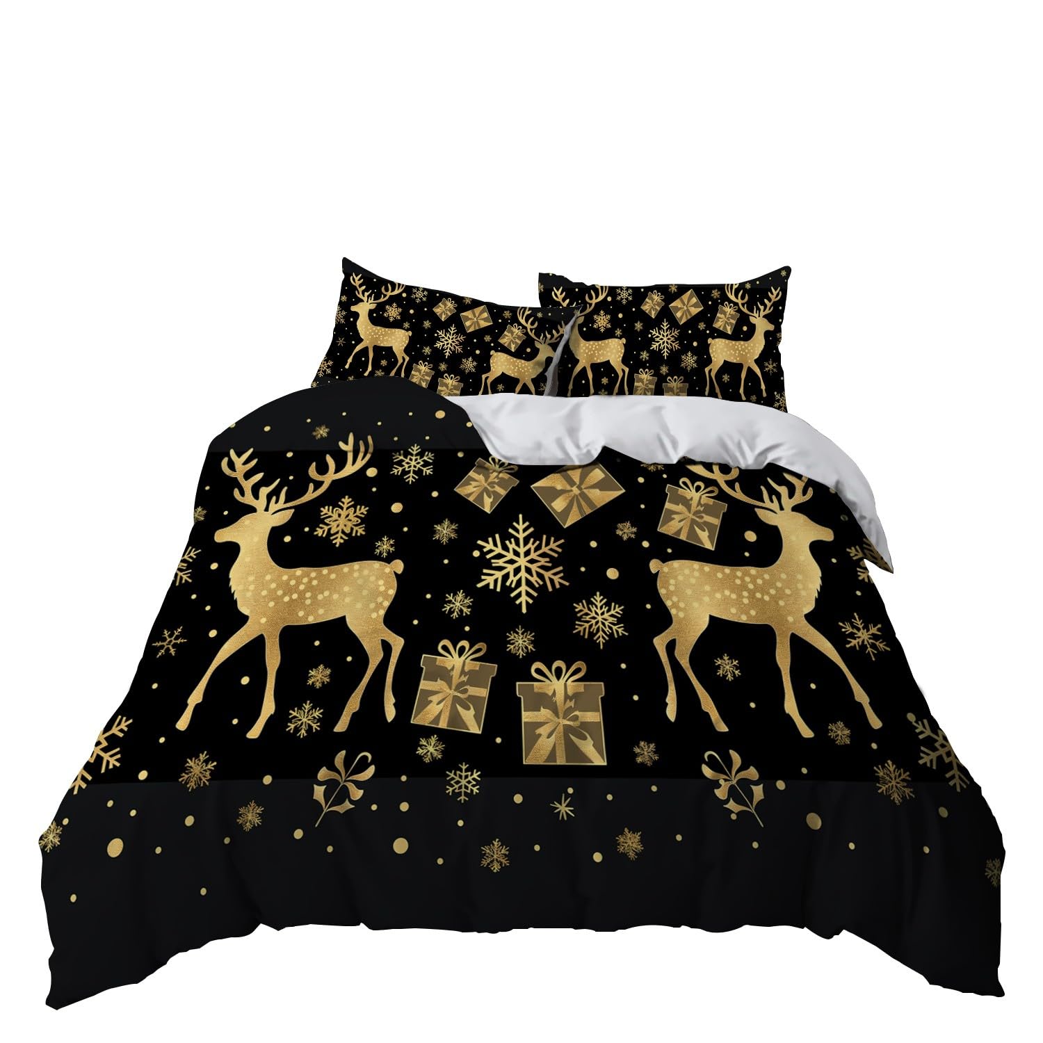 Czarno-złoty zestaw poszewek na kołdrę w rozmiarze king size, 200 x 200 cm, element bożonarodzeniowy, prezent z mikrofibry premium, miękka, przytulna pościel z poszewkami na poduszki, łatwa