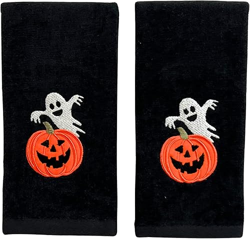 Miniatura 10 de Juego de 2 toallas de baño de Halloween con diseño de familia fantasma espeluznante, color negro, suave, 100% algodón, 12 x 18 pulgadas, decoración