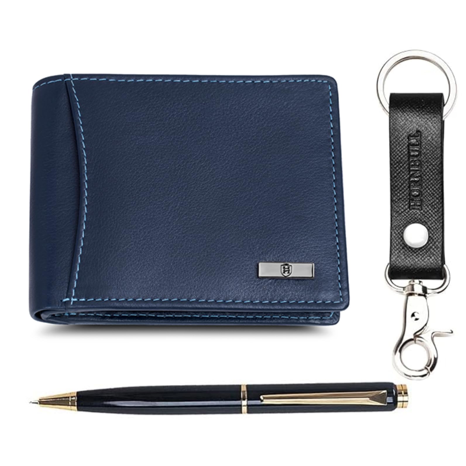 HORNBULL Navy Mens Leather Wallet, Keyring & Pen Combo Gift Set for Men | RFID Blocked, Gift Set for Men - Image 1