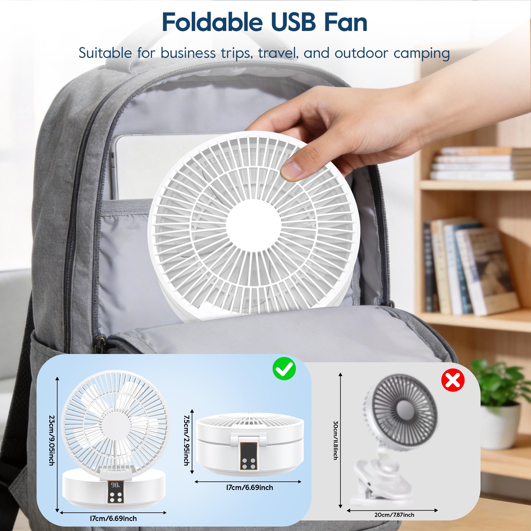 Leise USB Klein Ventilator, Tischventilator Sehr Leise und Starkem Luftstrom, Tragbarer Akku Batterie Ventilator mit LED Licht, Fernbedienung, Timer, Drehbarer, 3 Geschwindigkeiten für Büro, Camping
