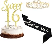 Vista 1 de Sweet 16 - Decoración acrílica dorada para tartas de cumpleaños de 16 años, corona de 16 años y tiara para niñas, 3