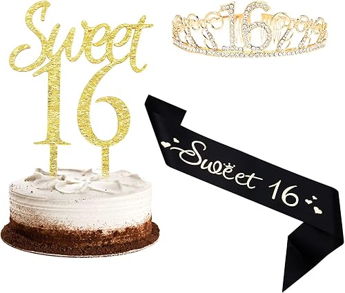 Sweet 16 - Decoración acrílica dorada para tartas de cumpleaños de 16 años, corona de 16 años y tiara para niñas, 3 unidades