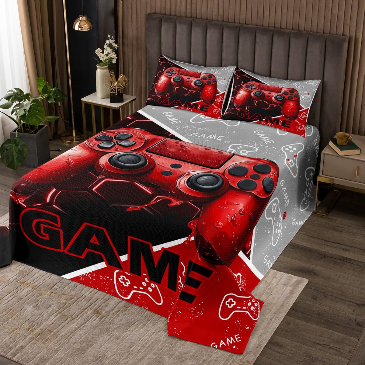 Game Consoles Bedspread for Kids Boys,3D Gamepad Gaming Sports Gamer Gifts Coverlet Set Bedroom Decor Soft Quilted,Red Neon Hexagon Geometry Patchwork Quilt Set with 1 Pillow Sham, Twin Size