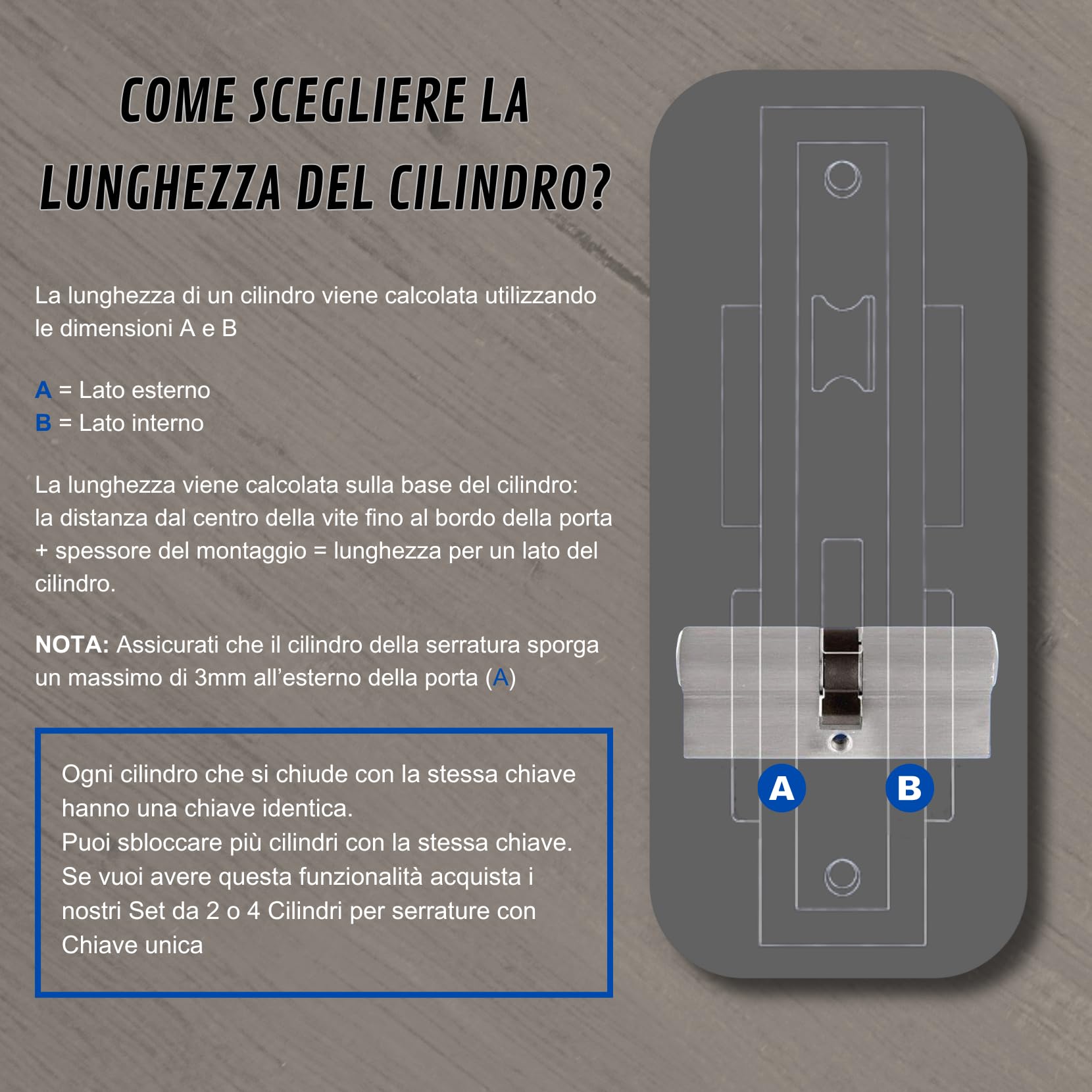 Juego de 3 cilindros para cerraduras de latón 45/45 mm, cilindro con pomo, tornillos y llaves incluidas, fácil montaje, cerradura para puertas y garajes, llave única, longitud 90 mm