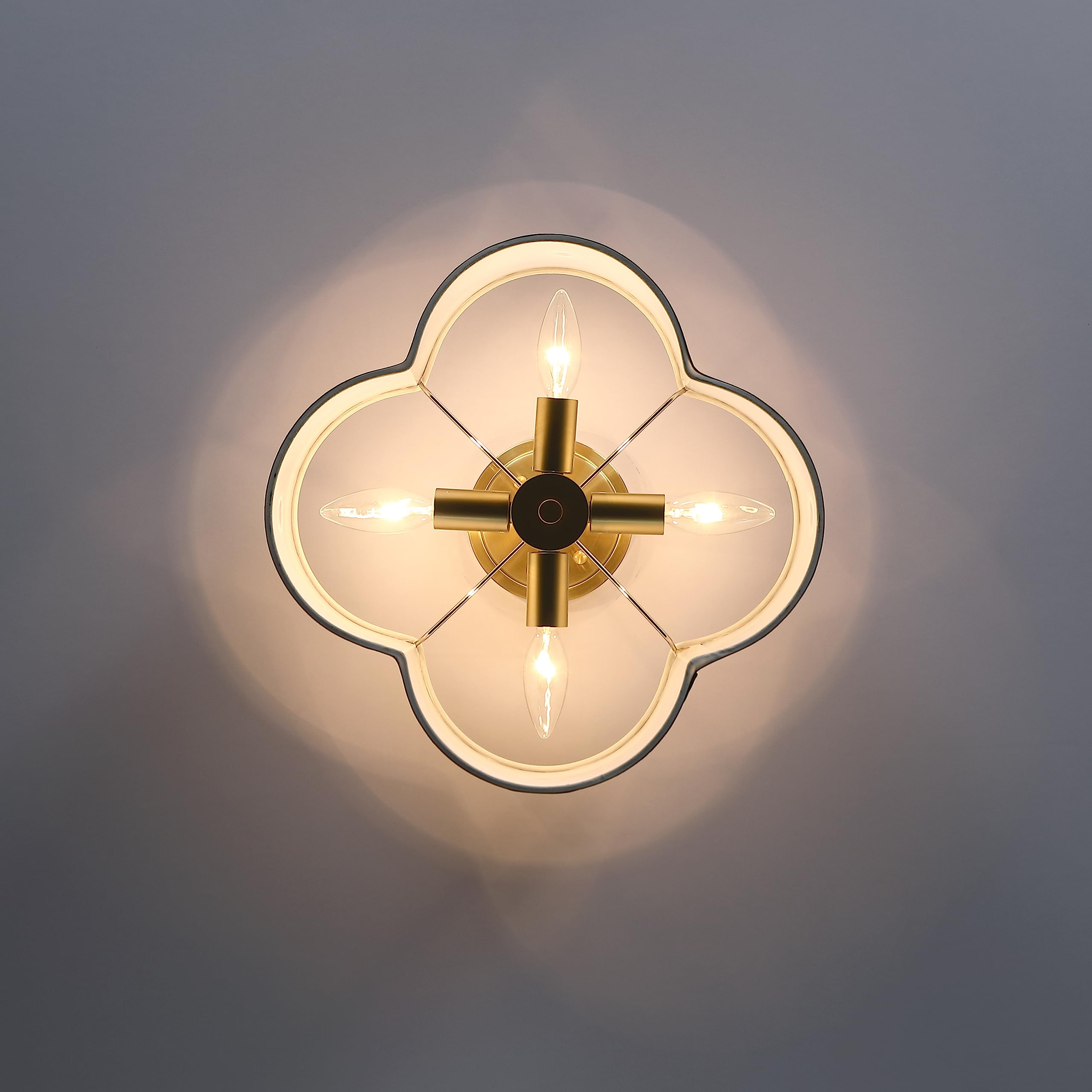 4 Light Mid Century Modern Ceiling Light Semi-Flush Mount Fixture Gold Finish 14" Brown Mack Paper Burlap Linen Drum Fabric for Bedroom Hallway Living Room Bathroom Dining